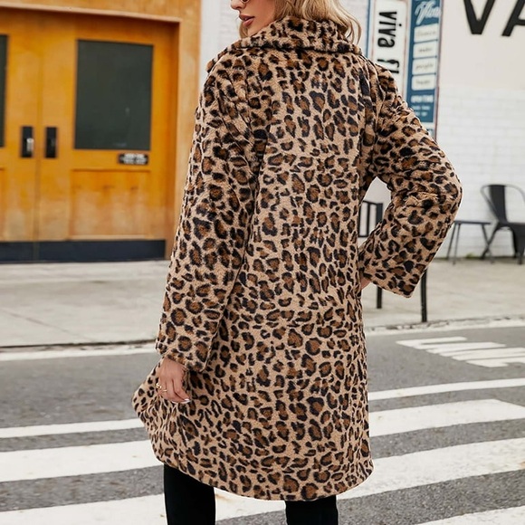 Plus Size Leopard Print Lapel Fuzzy Coat, Casual Long Sleeve Plush Outerwear - Picture 8 of 8